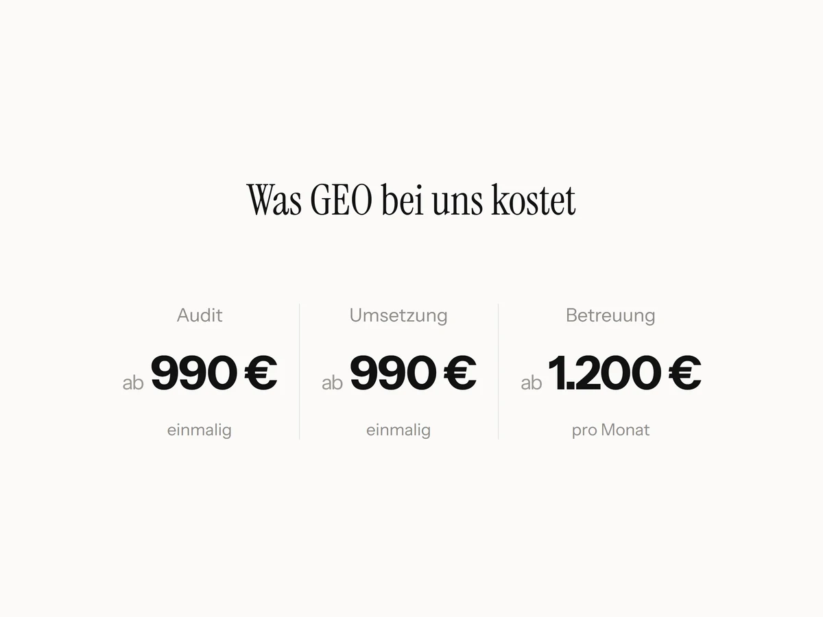 GEO Agentur Graz: Kosten für Audit, technische Umsetzung und laufende KI-Sichtbarkeit