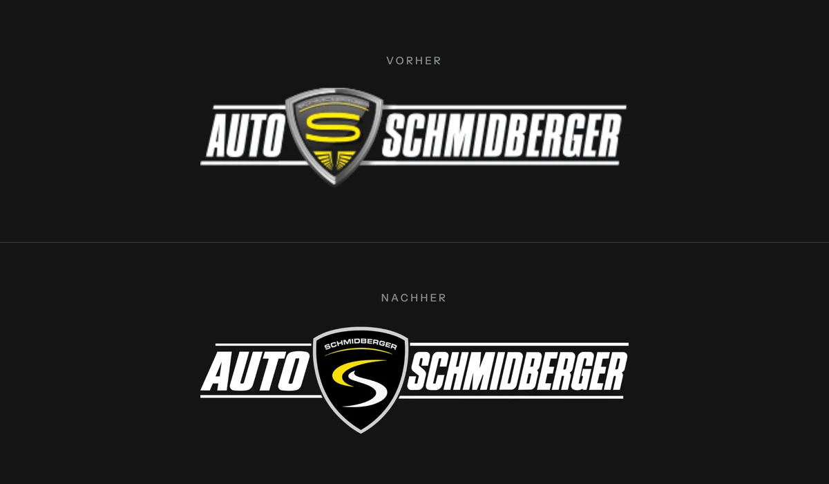 Logo von Auto Schmidberger im Vergleich, alte Fassung mit Chromverlauf und neue flache Fassung von PA Digital
