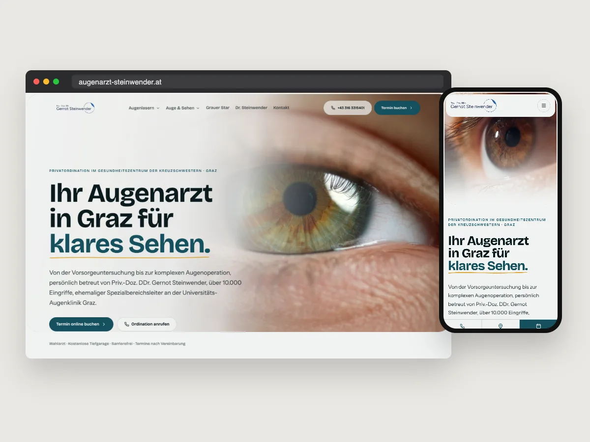 Augenarzt Steinwender Referenz für Website-Relaunch, SEO-Optimierung, GEO / KI-Sichtbarkeit von PA Digital